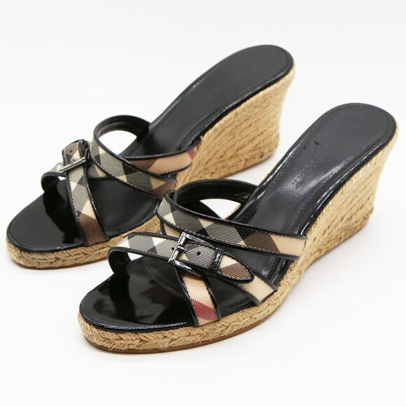 Burberry Espadrille Wedge Sandal Black Patent Leather Nova Check Canvas 40 US10 - Picture 1 of 16